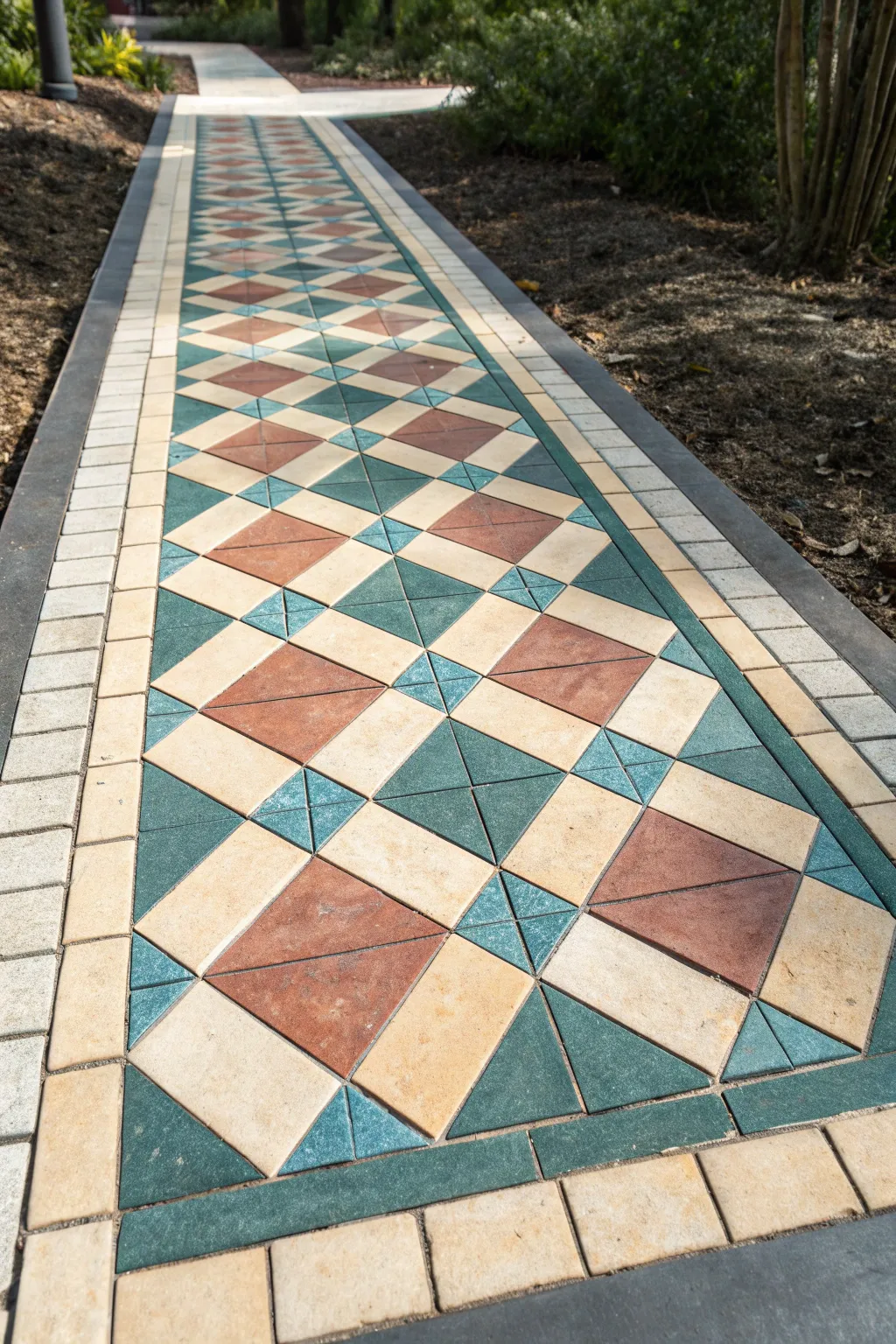 Bold geometric mosaic paver with clean grout lines, a minimalist boho pathway statement.