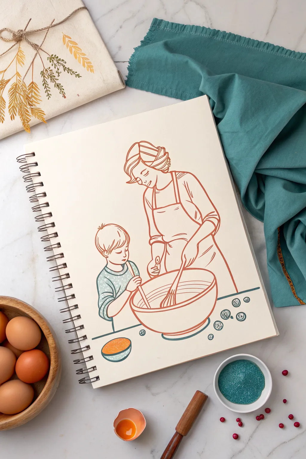 Sweet mother and son kitchen moment to draw: simple lines, warm colors, and cozy togetherness
