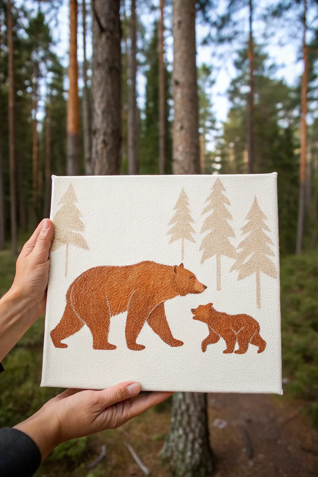 Minimalist boho mama bear and cub canvas idea, warm earth tones with bold forest contrast