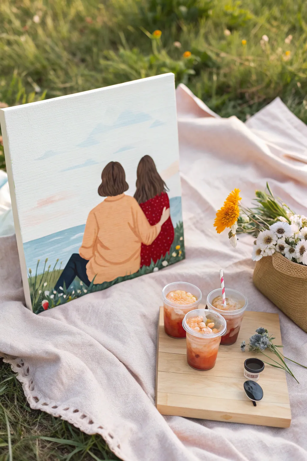 Paint your favorite day: a cozy mother-daughter picnic scene in bold minimalist color blocks