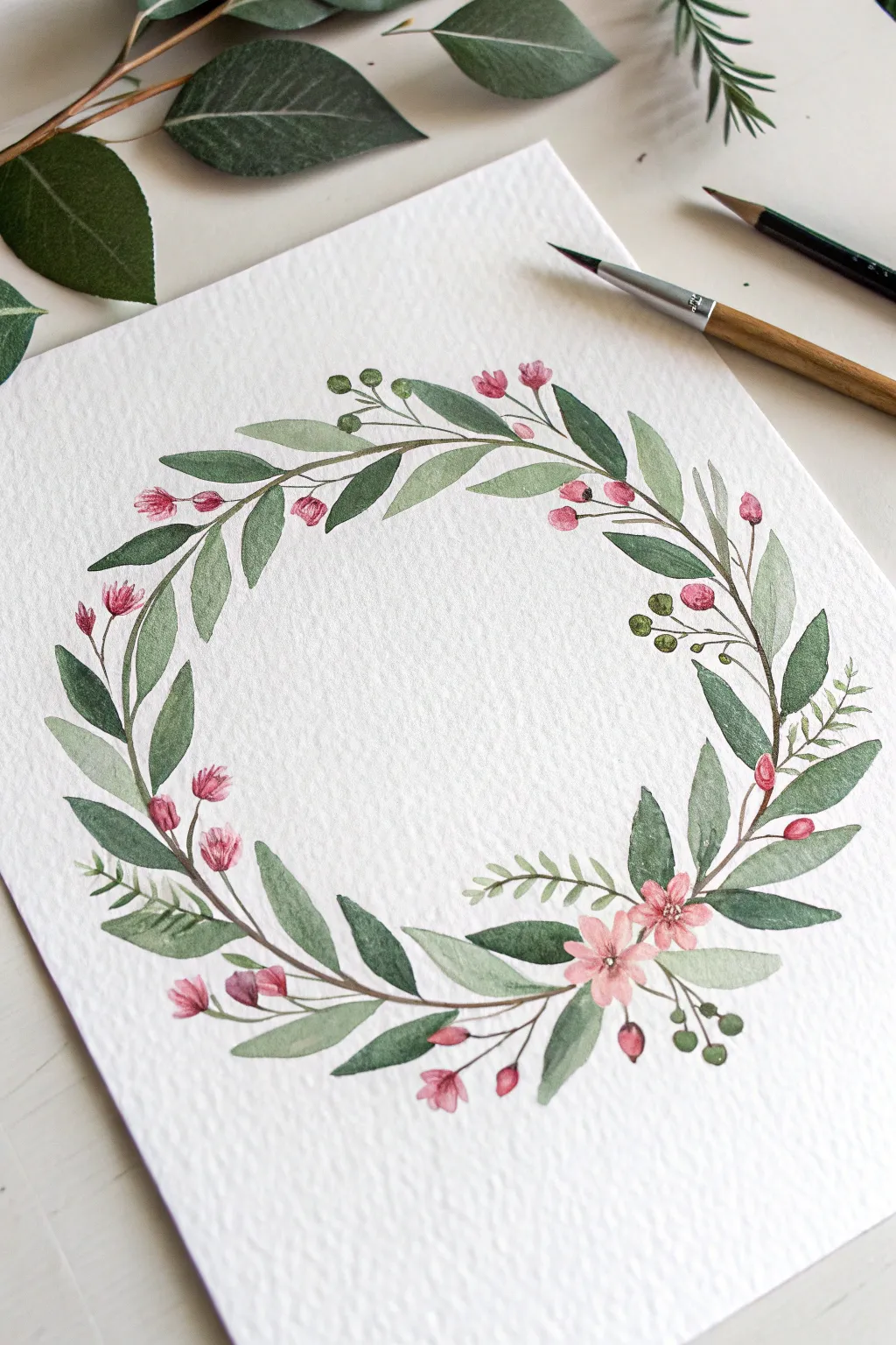 Watercolor floral wreath with a clean center space, ideal for a Mother’s Day message