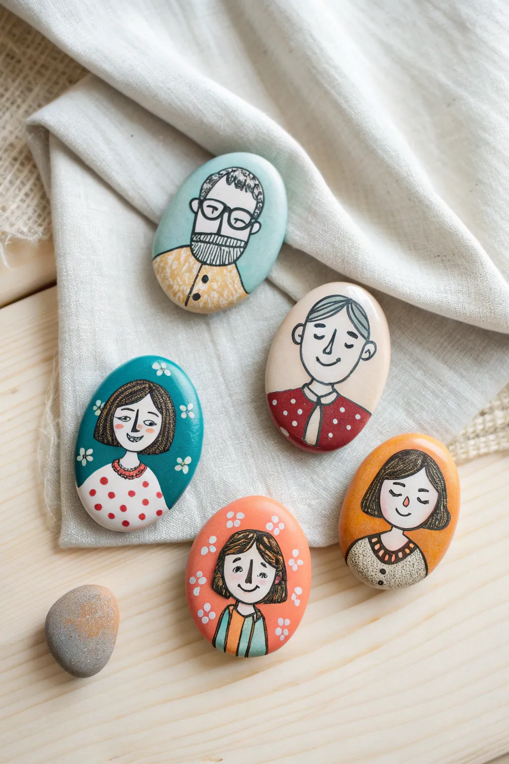 Minimalist family painted rock portrait set for Mom, bold colors and clean grid styling