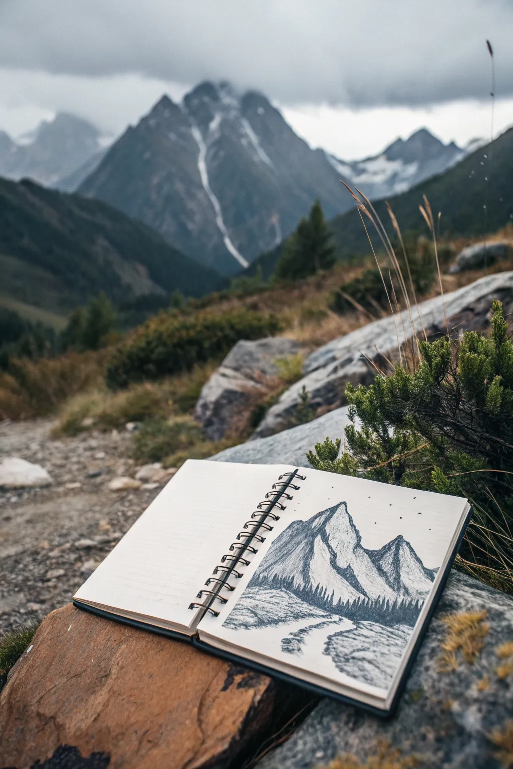 Moody mountain sketch with storm clouds and rain streaks, minimalist lines, bold contrast.