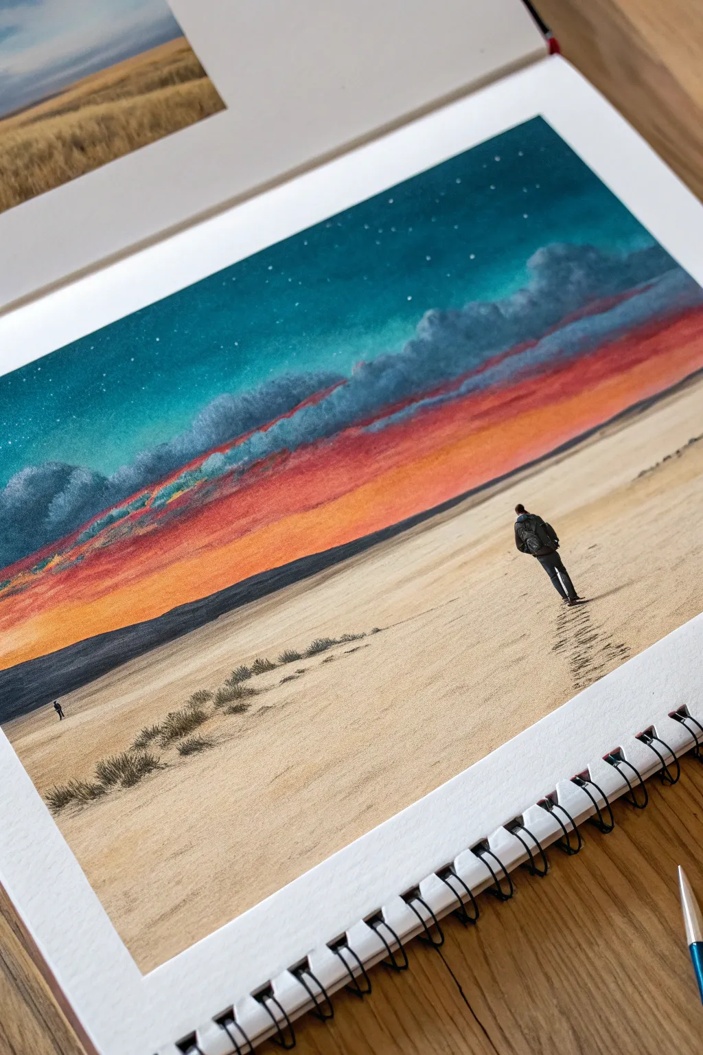 Cinemascope landscape painting: sweeping sky, distant hills, one tiny figure in bold sunset tones.