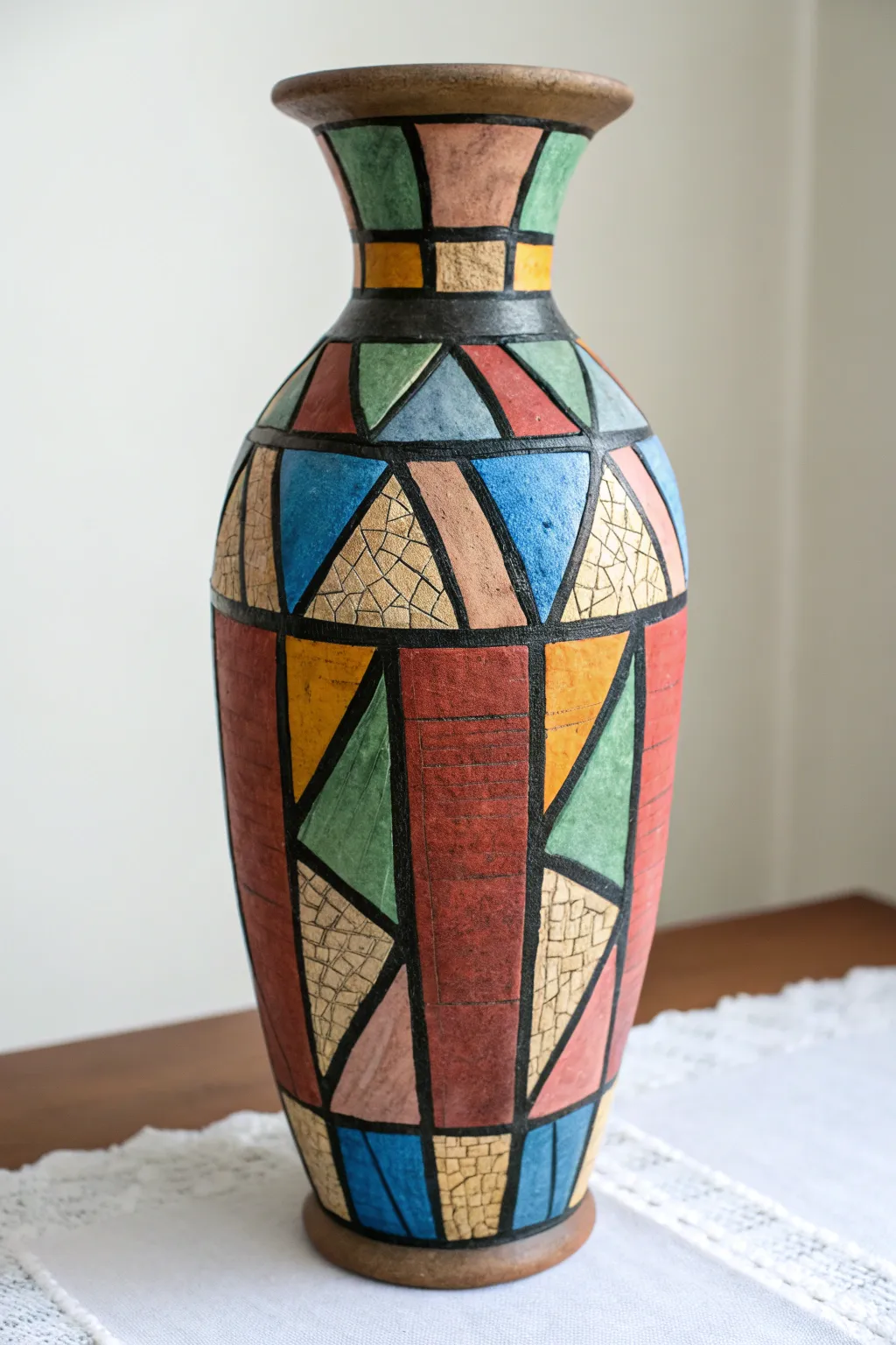 Mud vase mosaic paint idea with bold color cells and crisp black outlines, minimal and striking