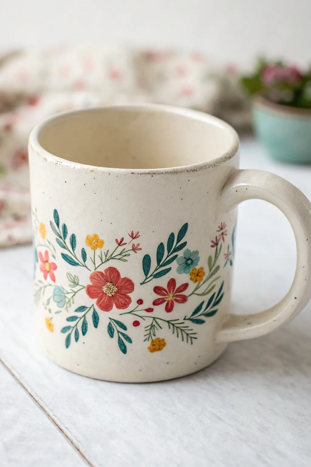 Floral garland looping around the handle for a simple, pretty mug painting idea