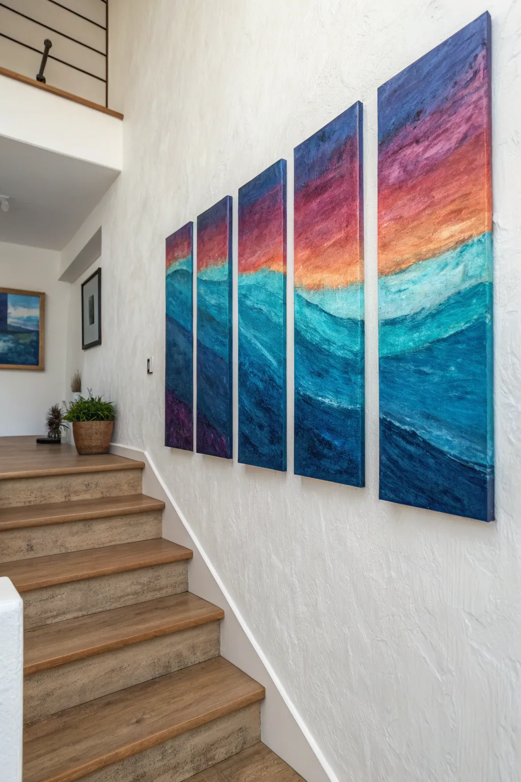 Staggered five-panel canvas set with a flowing sky glow, minimalist yet boldly vibrant.