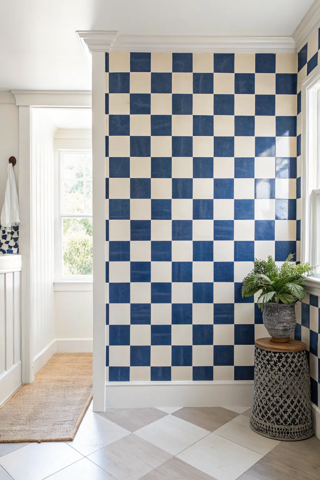 High-contrast checkerboard mural that creates a chic faux-tile illusion for small spaces