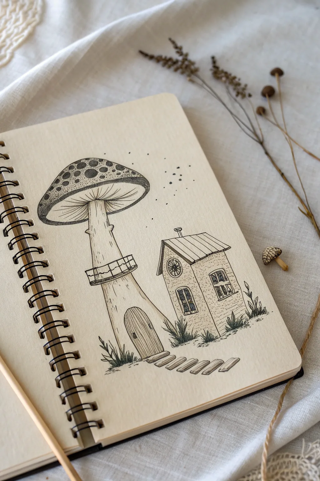 Mushroom house drawing idea: a side sprout turns into a sweet balcony with twig railing
