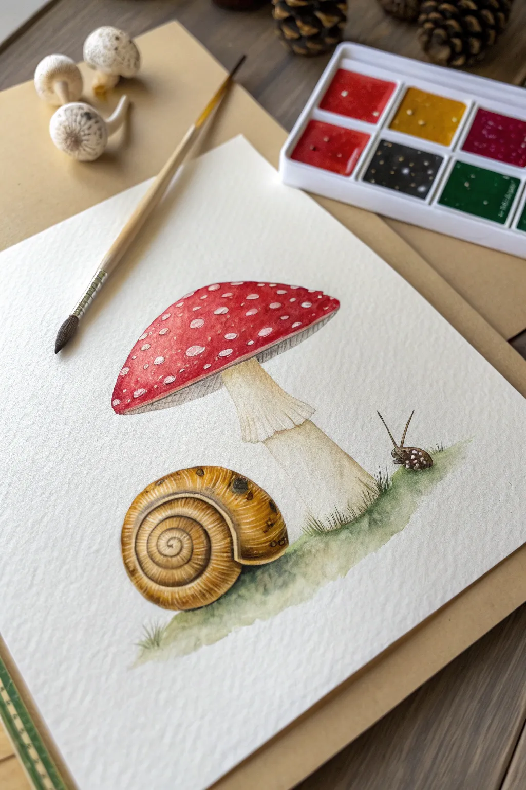 Easy mushroom painting idea: add a cute spiral snail for a simple, bold focal point