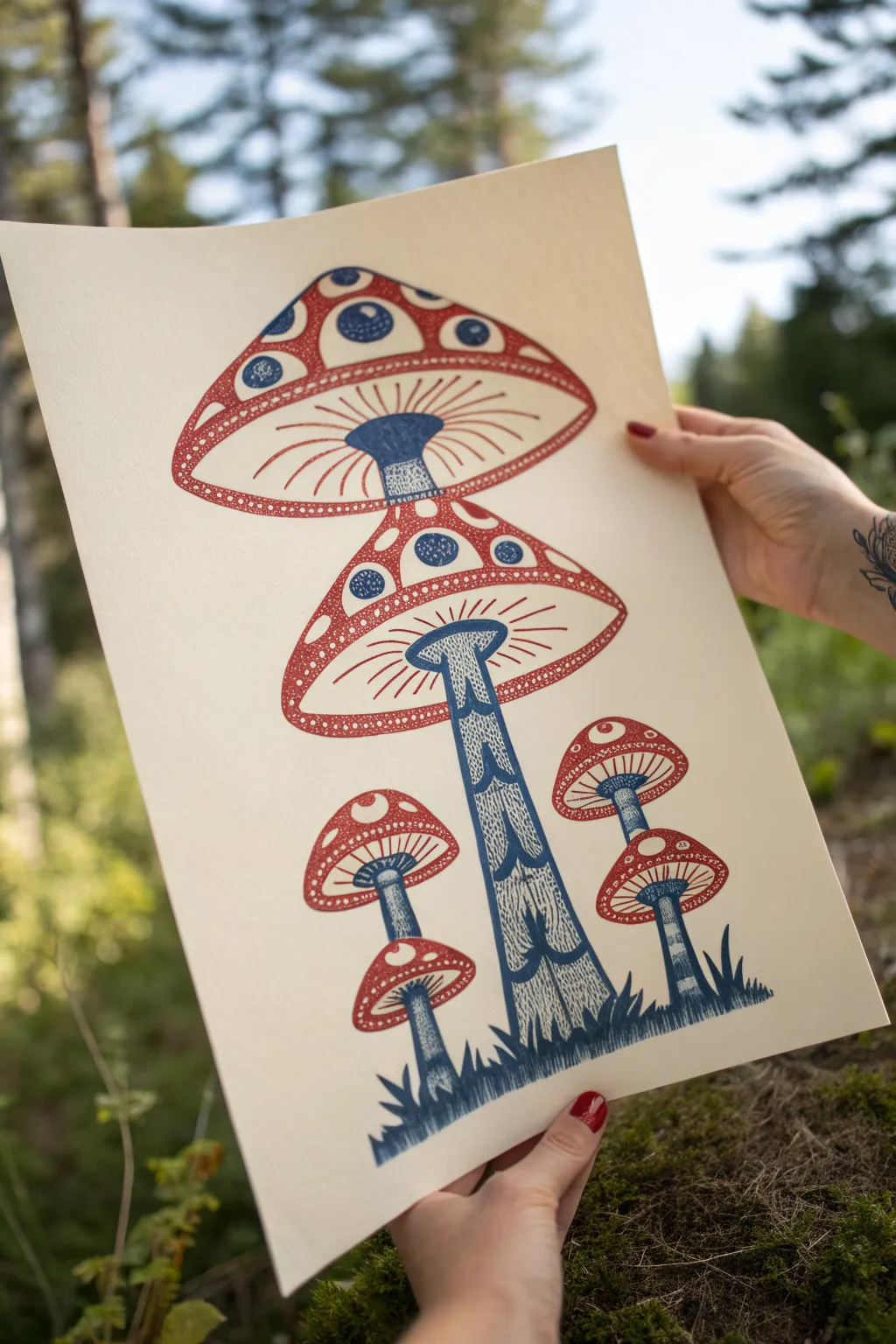 Mirror-symmetry mushroom totem with eerie eye motifs, bold colors, and clean minimalist space