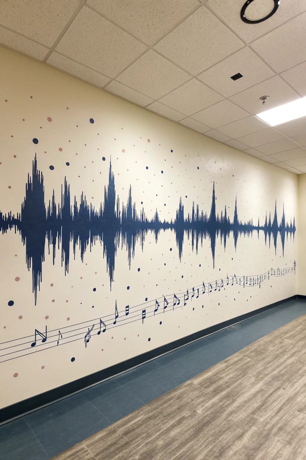 Minimalist sound wave mural in deep indigo, handcrafted lines with bold contrast and calm boho warmth