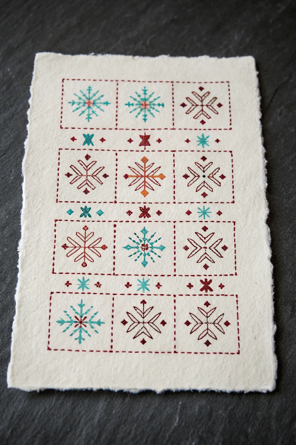 Lakota inspired winter count symbol grid with bold color accents, minimalist and handcrafted