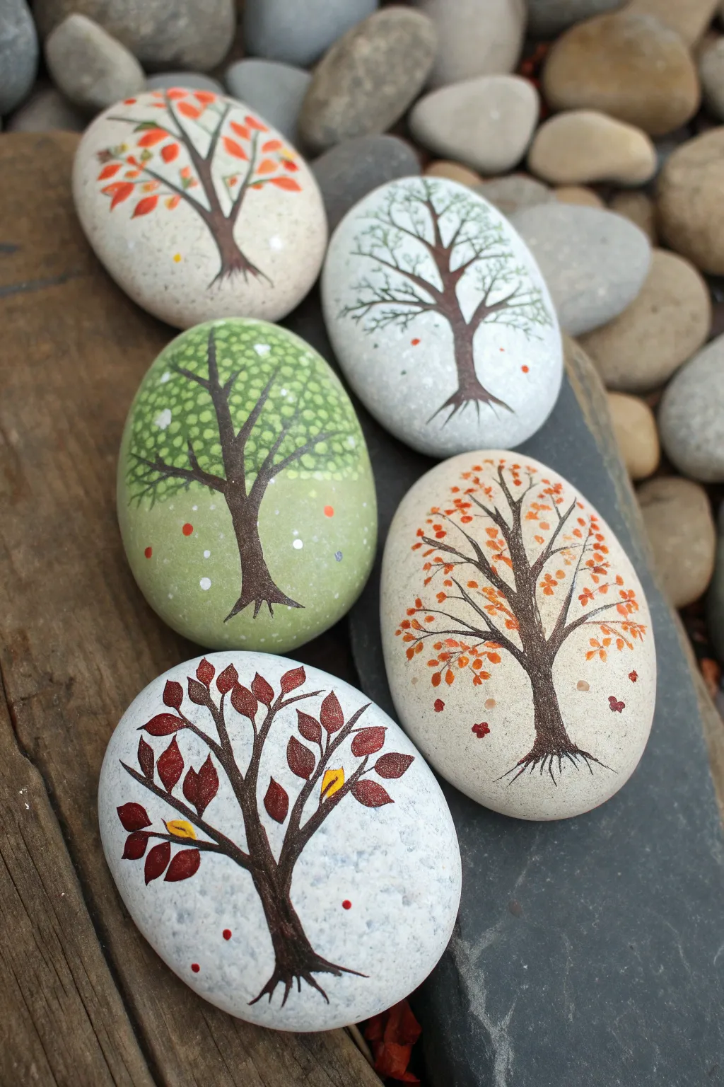 Four seasons tree rock set: spring, summer, autumn, winter palettes for simple nature rock painting