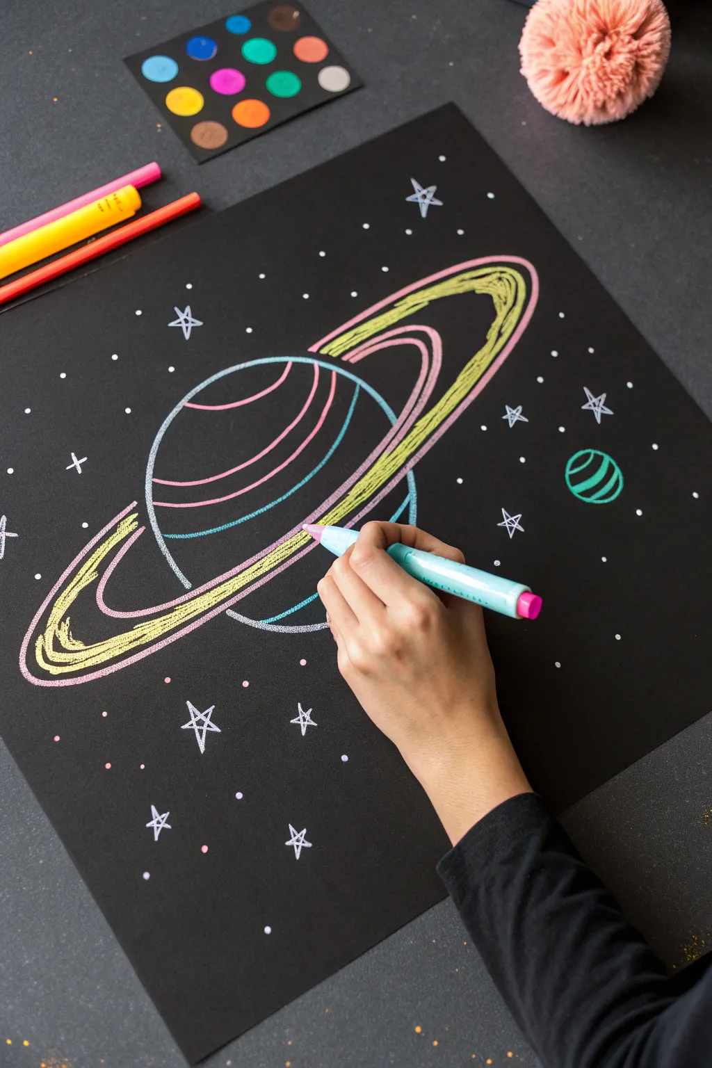 Neon planet with glowing rings and starfield sparkle, crisp minimal lines and bold color pop