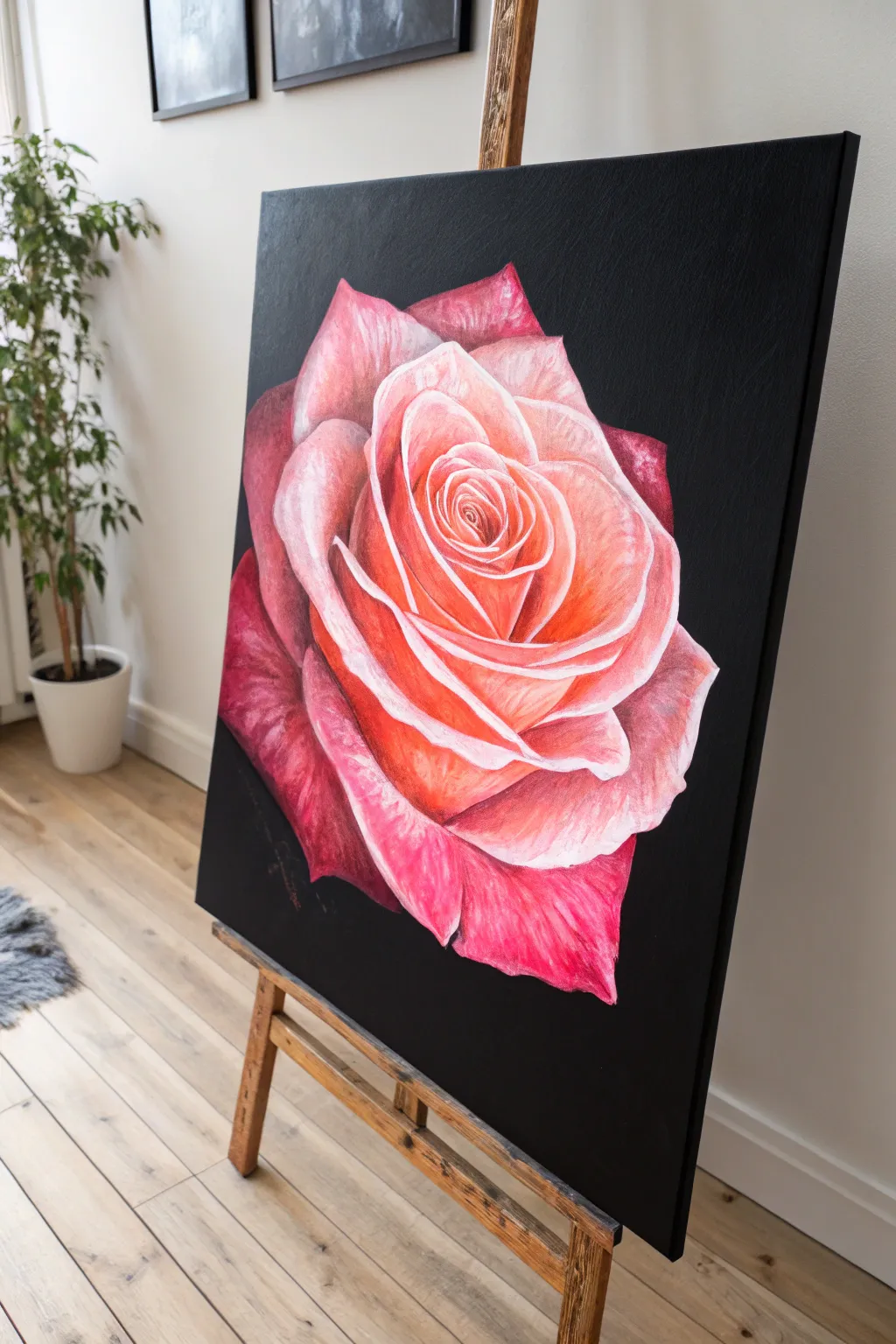 Luminous neon rose on matte black canvas with crisp white highlights for bold, modern drama.