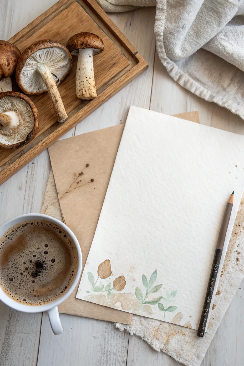 Soft neutral watercolor blooms in mushroom and latte tones, with rich paper texture and contrast.
