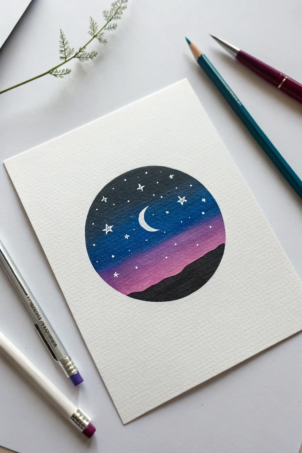 Circular night sky vignette: bold indigo gradient, tiny stars, and a simple horizon silhouette