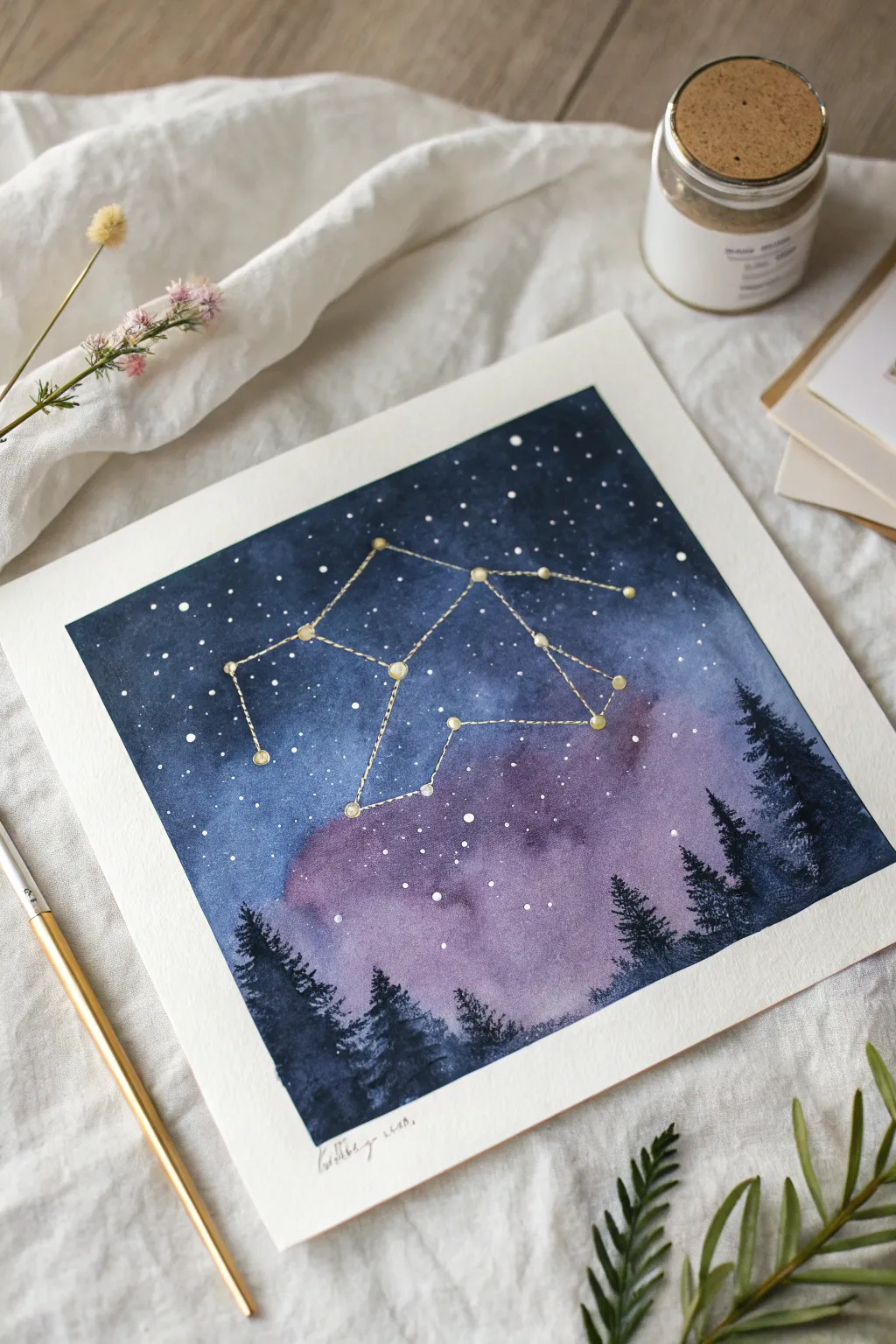 Minimalist night sky painting with delicate constellation linework and soft cloud haze