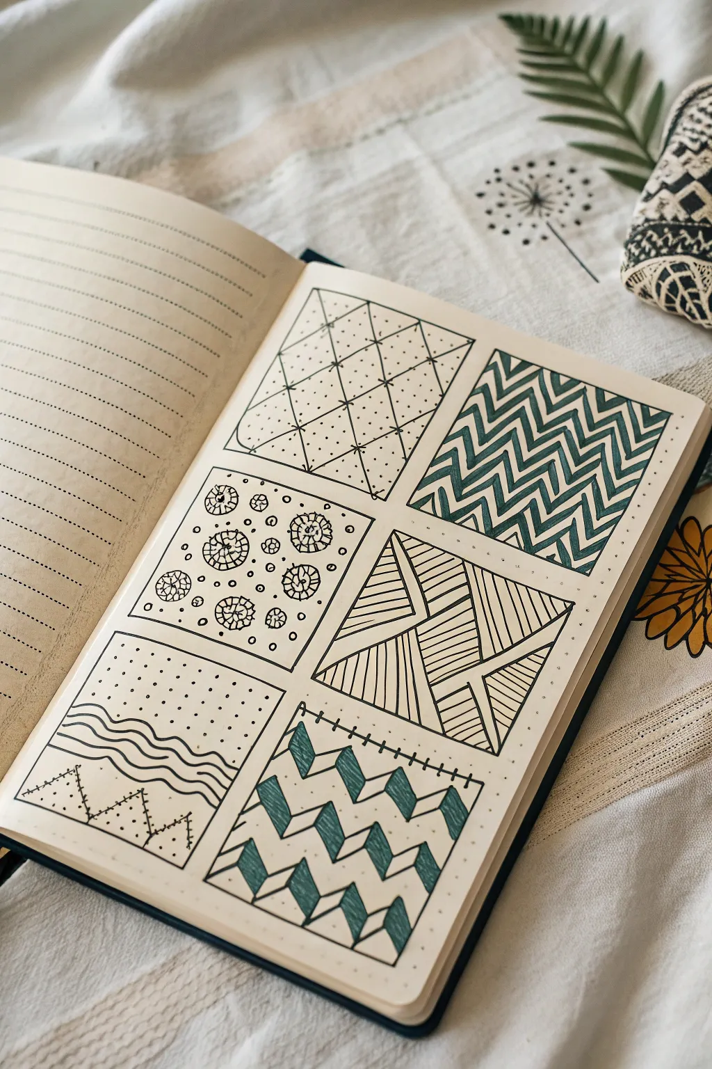 Pattern swatch notebook page with bold doodle tiles for soothing, mindless practice
