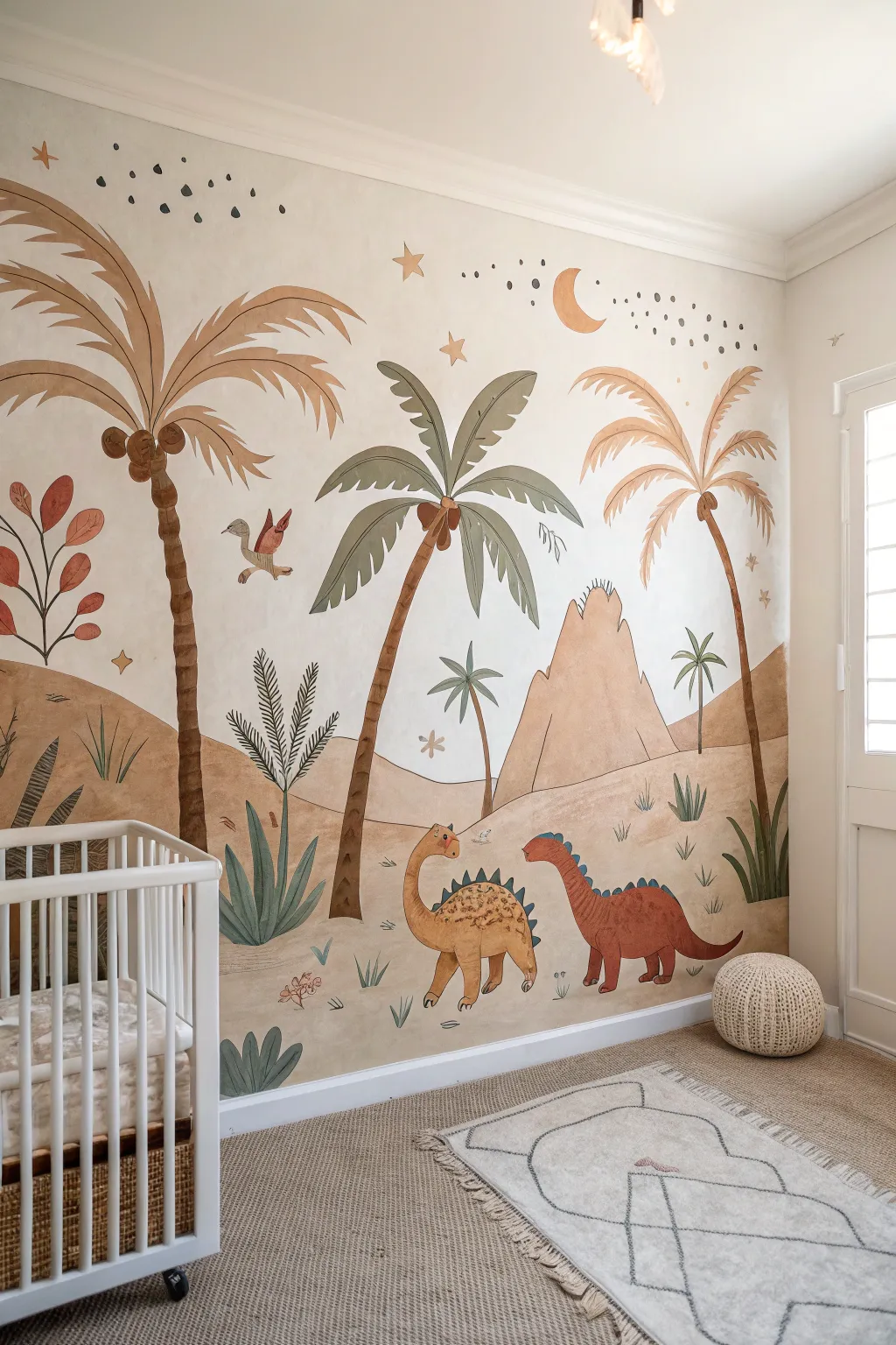 Warm terracotta dinosaur landscape mural in boho earth tones for a calm, modern Scandinavian nursery