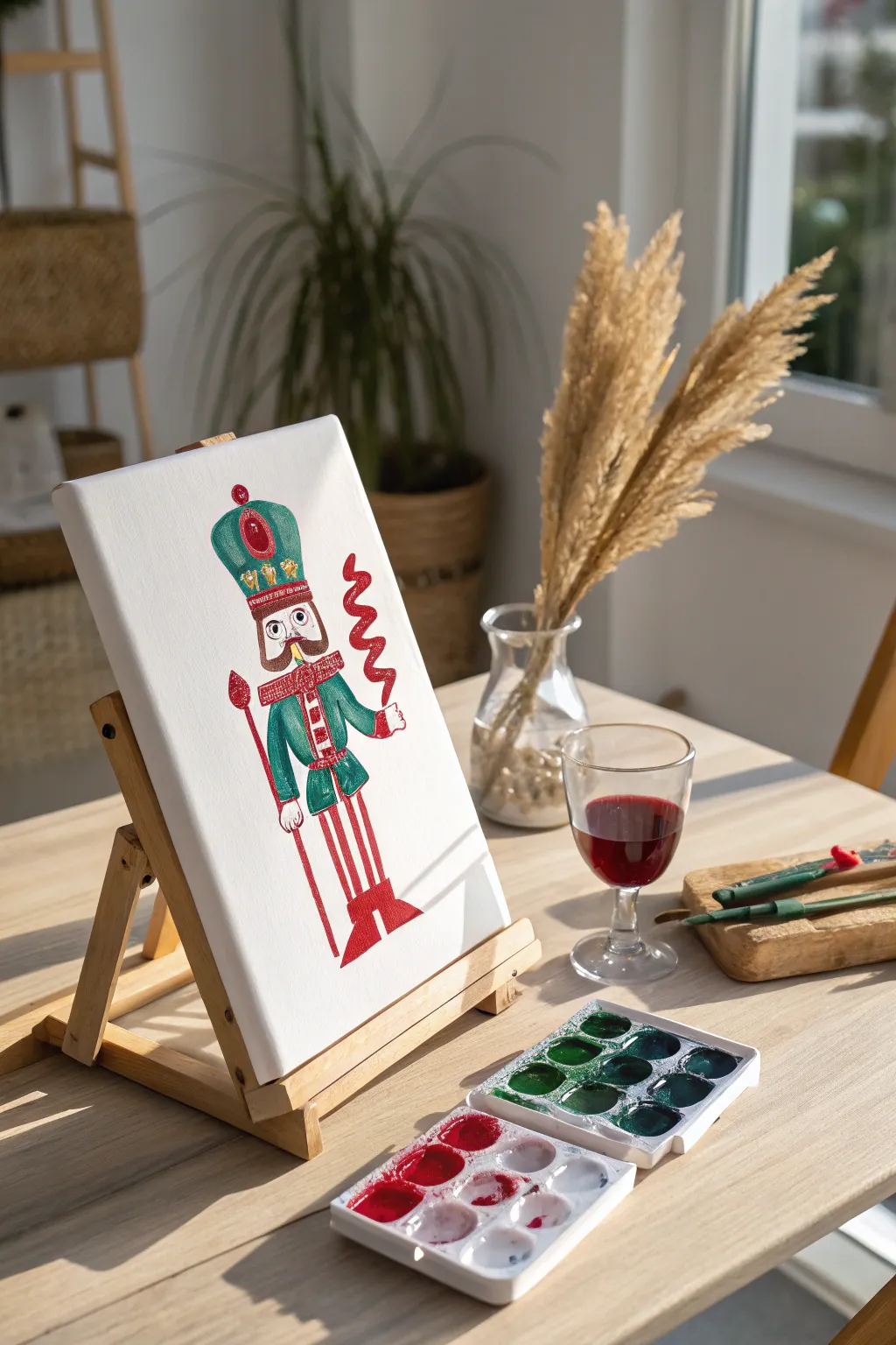 Host a cozy paint-and-sip night with this easy nutcracker canvas idea.