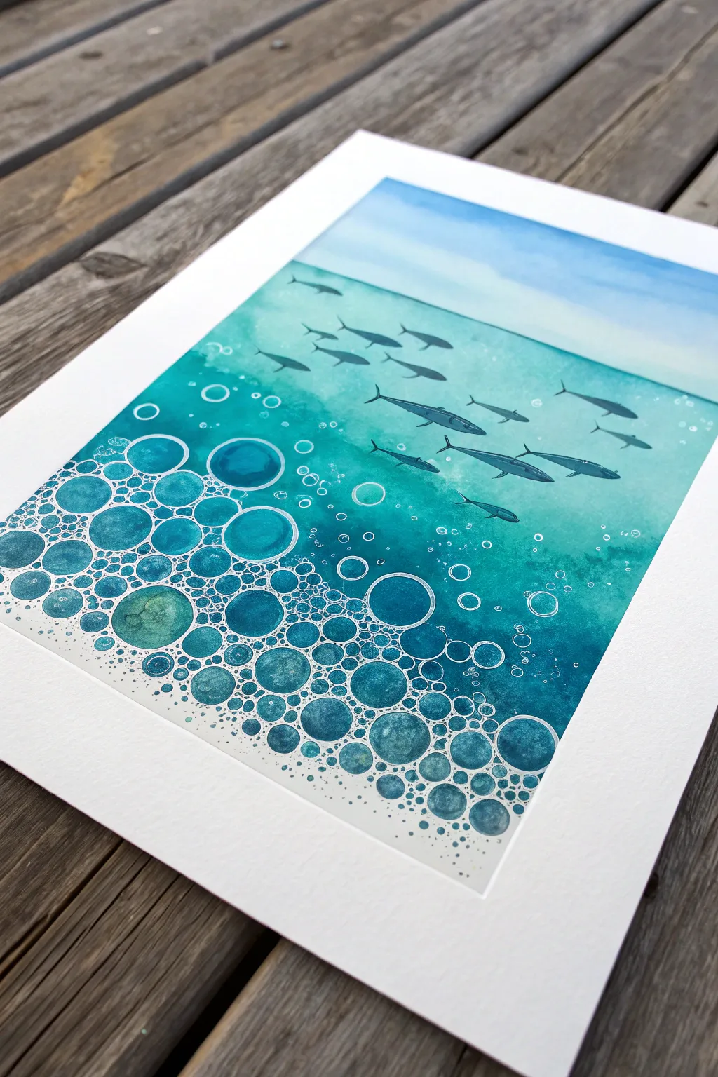 Bubble print ocean in layered blues and a tiny fish school, playful minimalist coastal art.