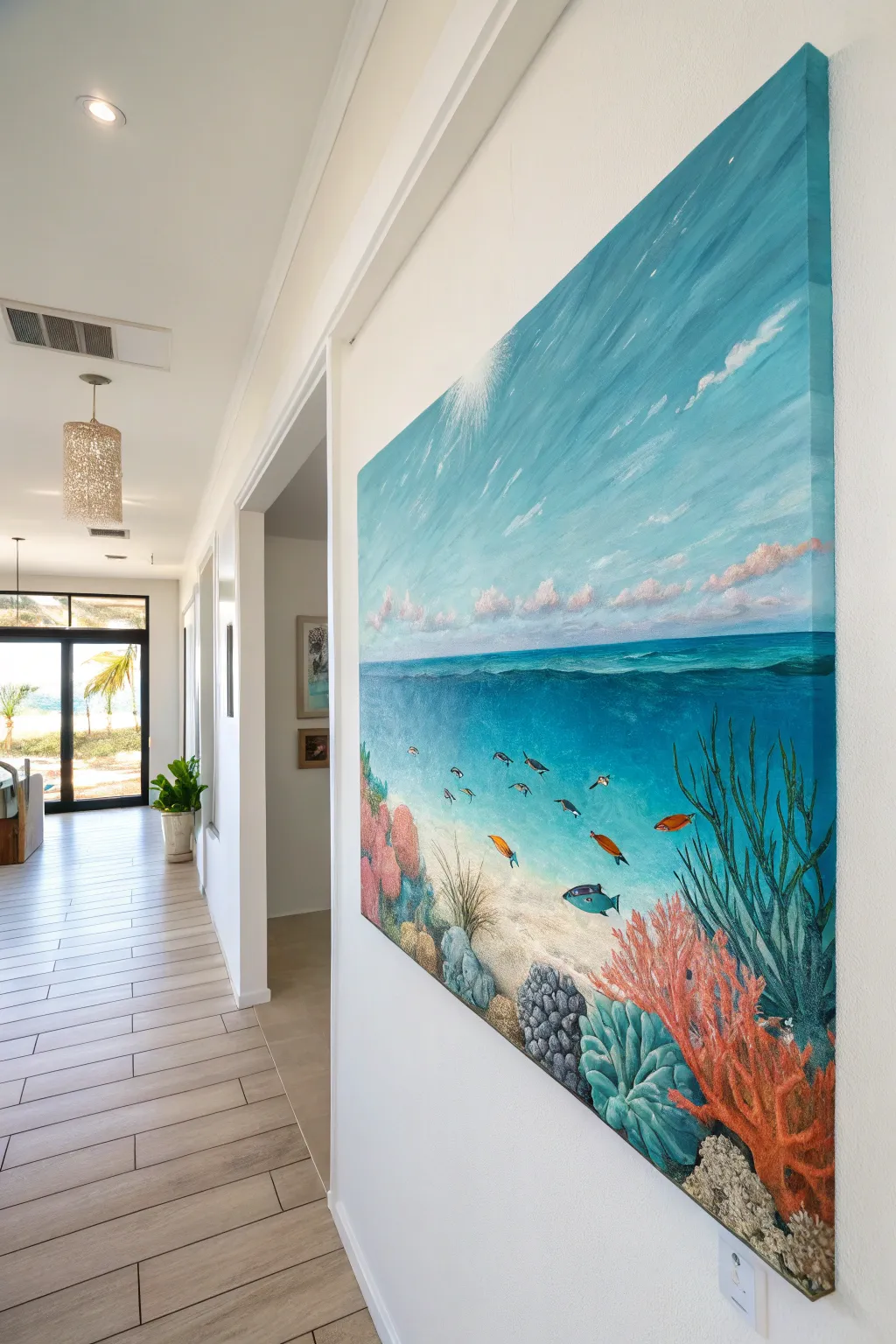 Half-above, half-underwater mural look with a crisp waterline and bold reef colors