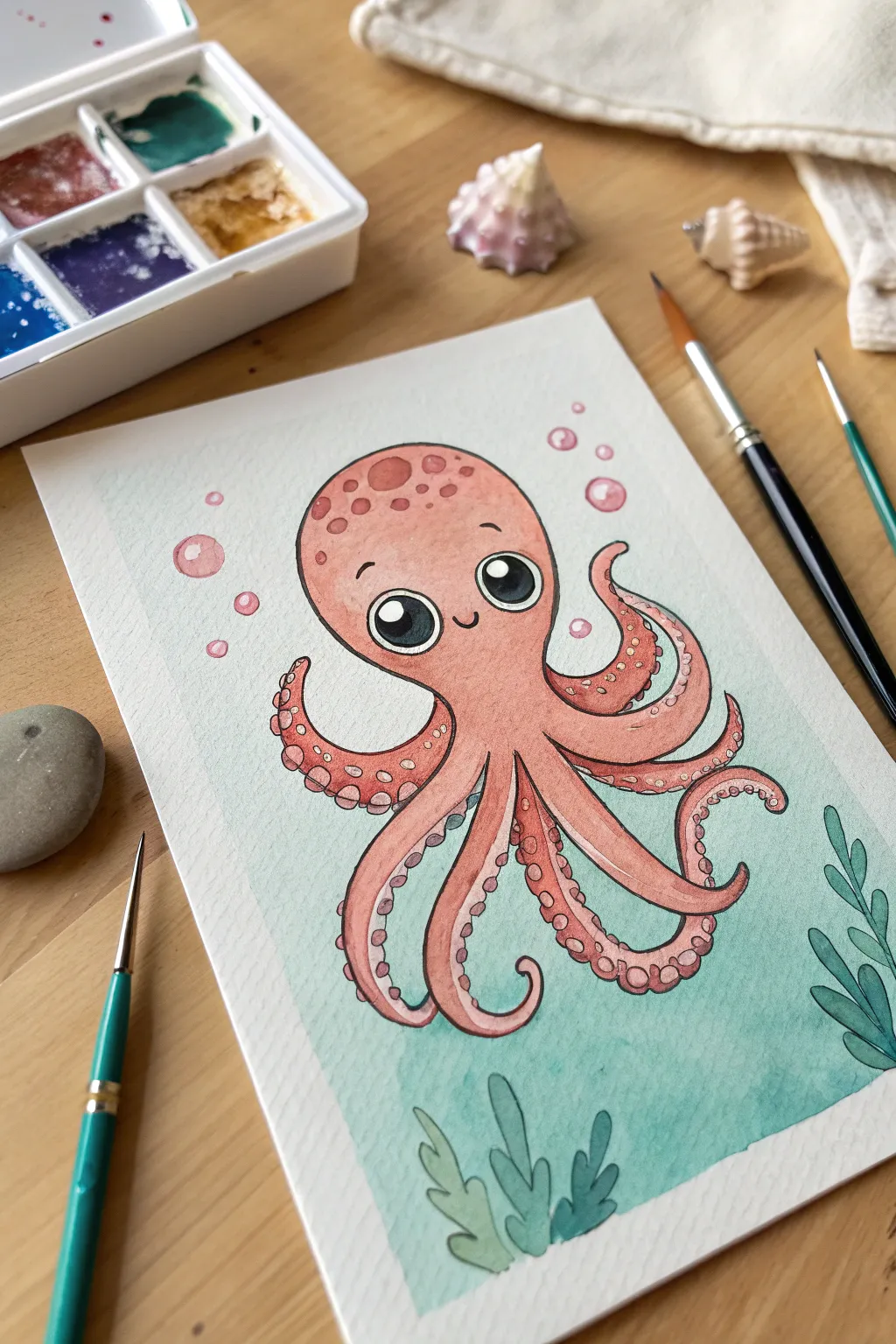 Beginner-friendly cartoon octopus painting with big eyes, bold minimal colors, Pinterest perfect.
