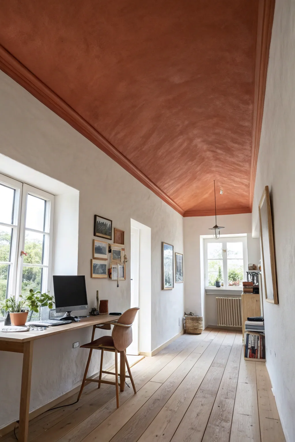 Paint the ceiling one shade deeper for a snug, focused office den with Nordic minimalist calm