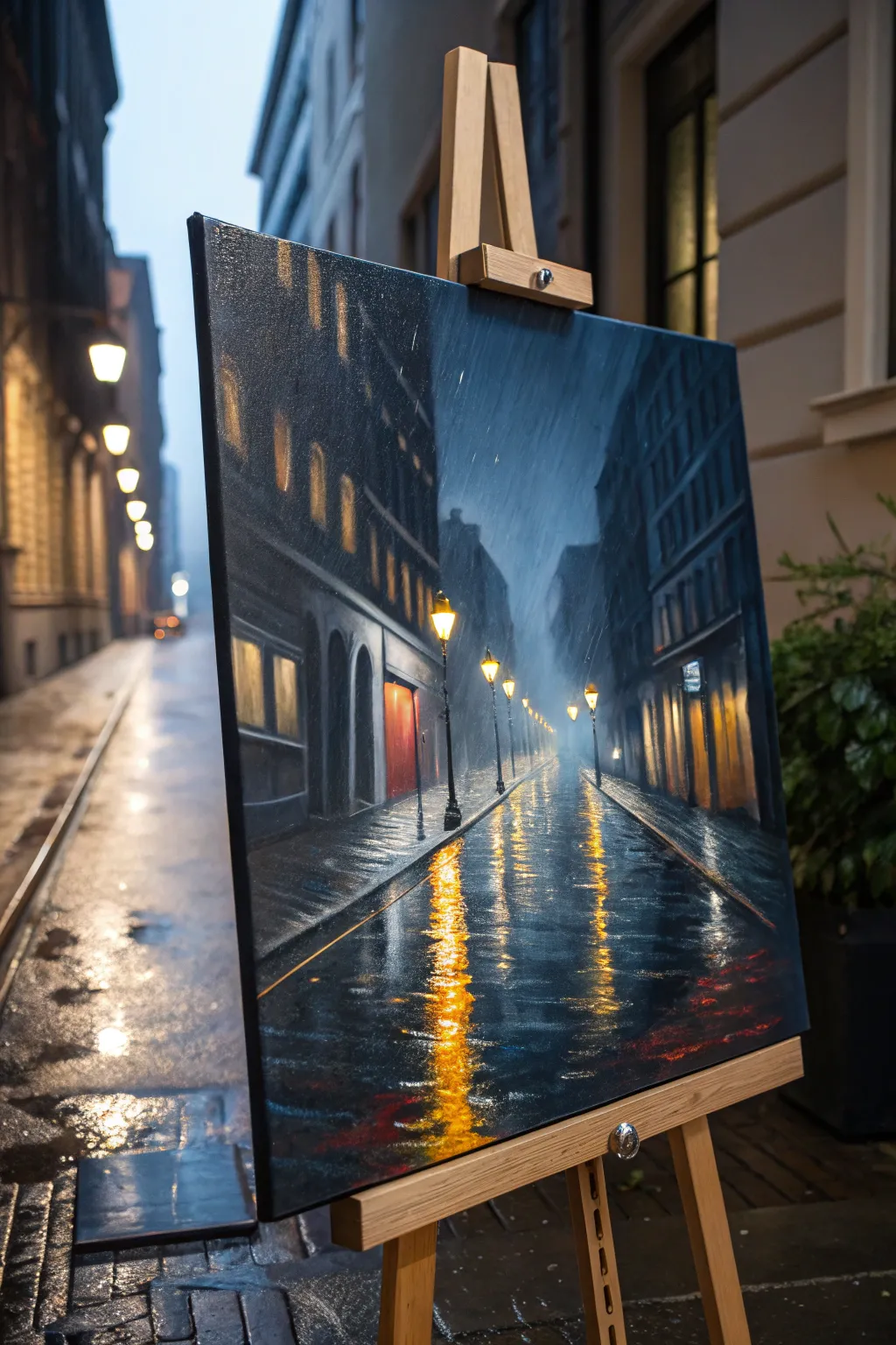 Rainy-night oil painting idea with glossy street reflections and warm lamp glow in deep blues