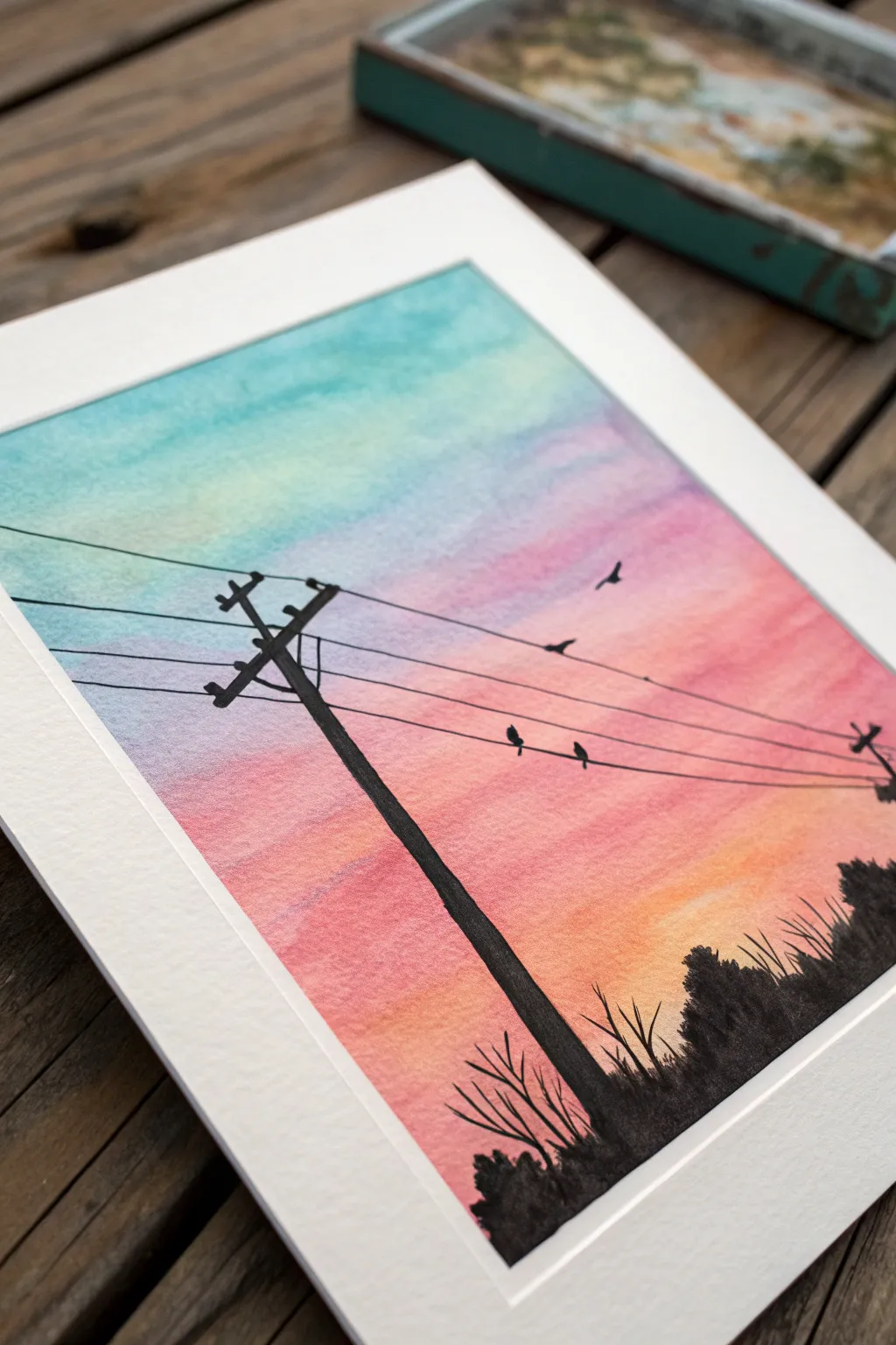 Minimal oil pastel sunset poster: candy gradient sky, crisp power lines, tiny bird silhouettes
