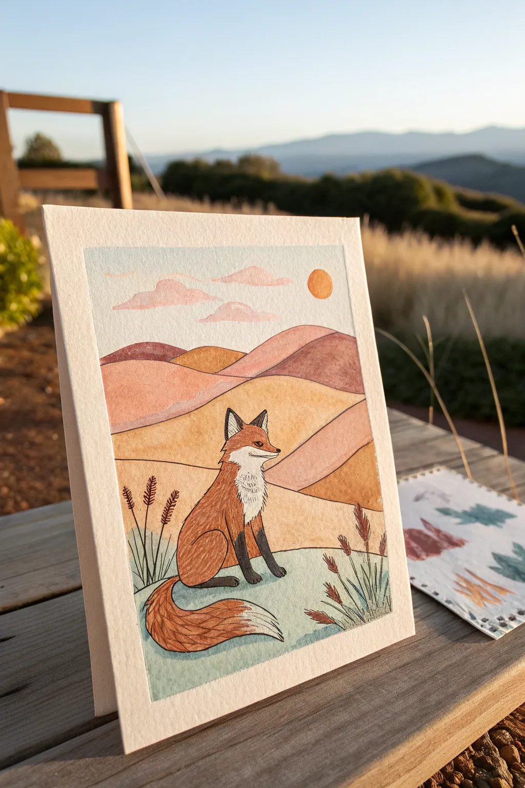 Playful fox in a warm blended landscape, minimalist shapes and bold color for oil pastel ideas