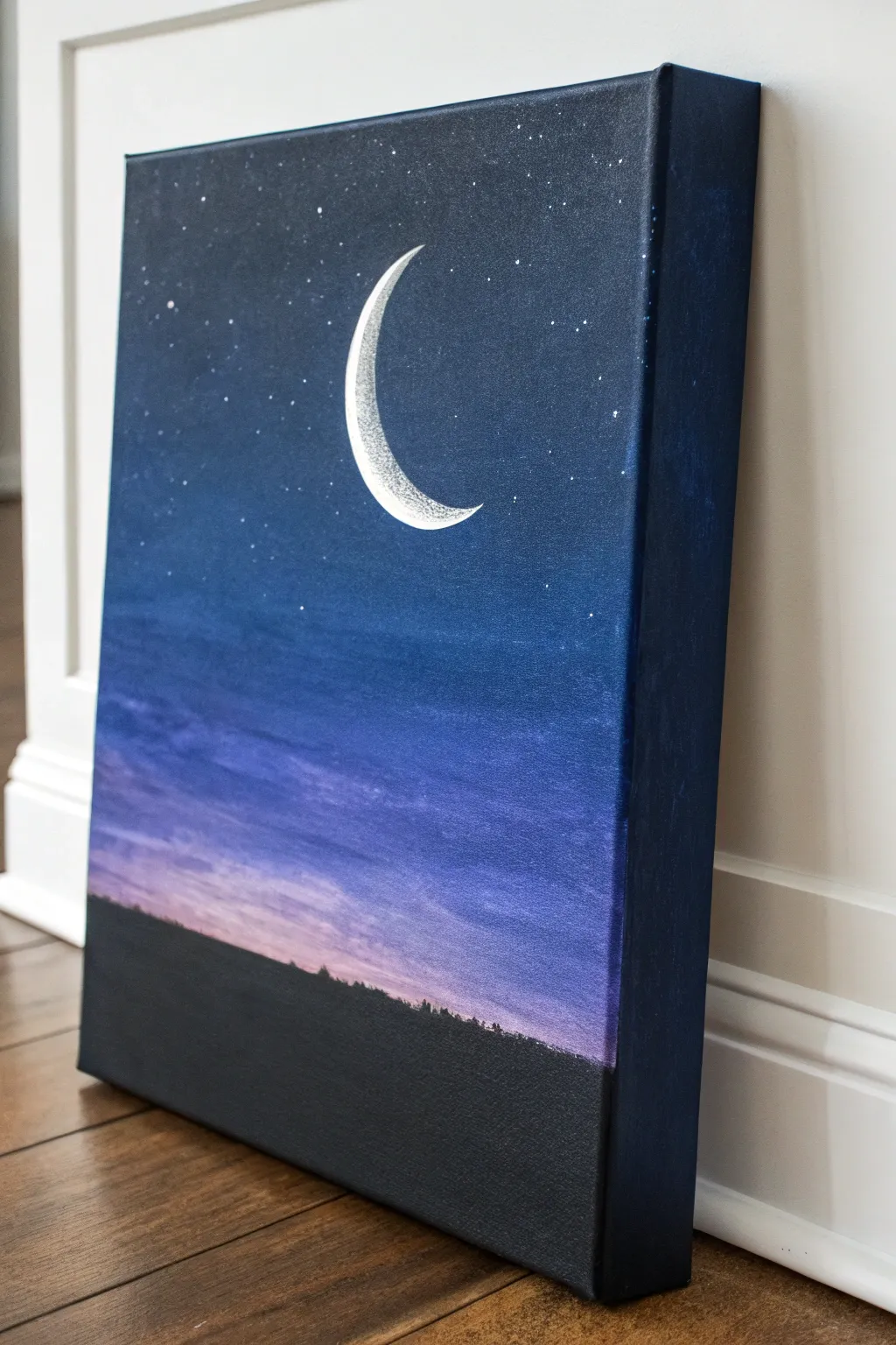 Moon and Glow ombre night canvas: crisp moon edges, soft halo, bold minimalist contrast