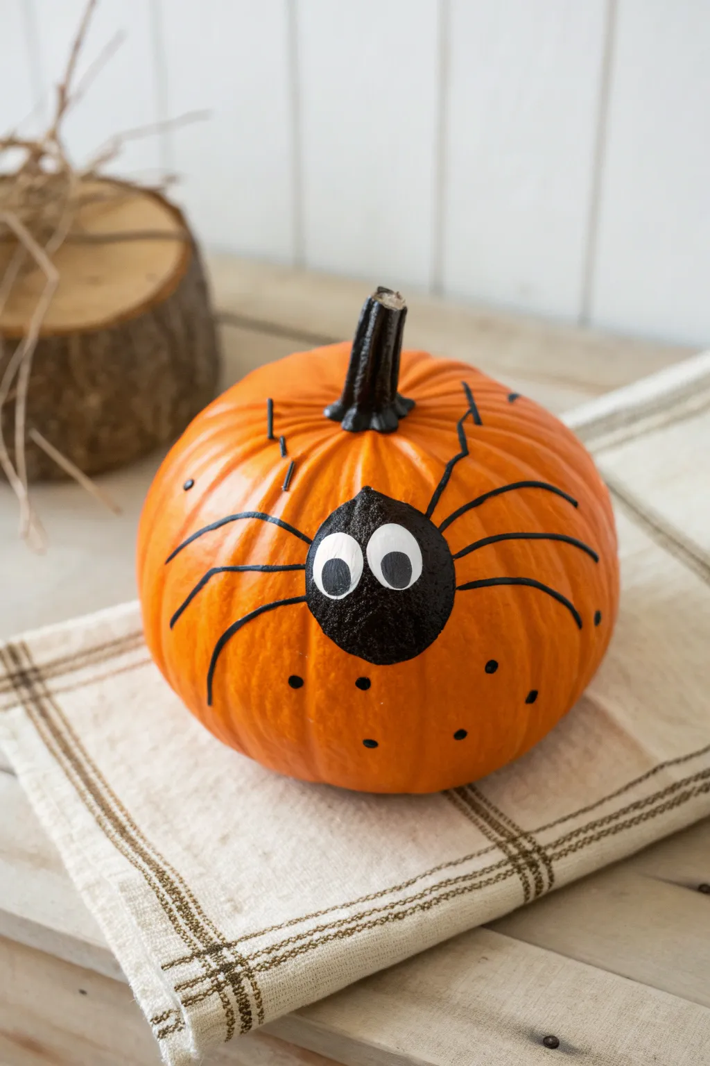 Easy orange pumpkin spider with bold dots and legs, minimalist Halloween decor