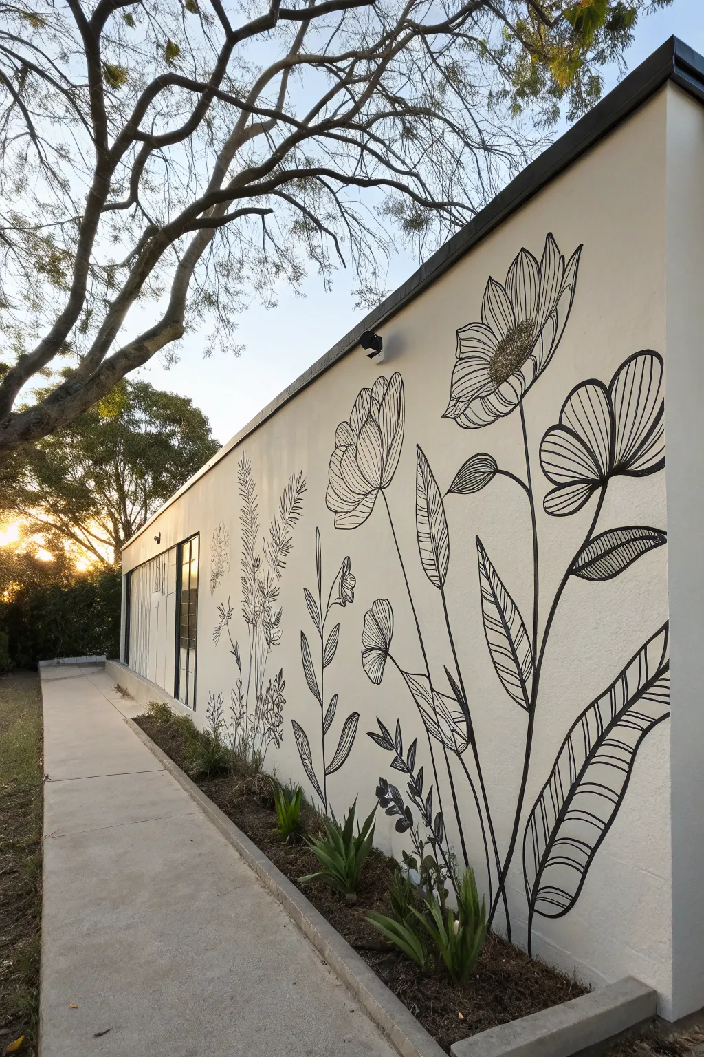 Bold monochrome botanical line art on an outdoor wall, softened by natural branch shadows