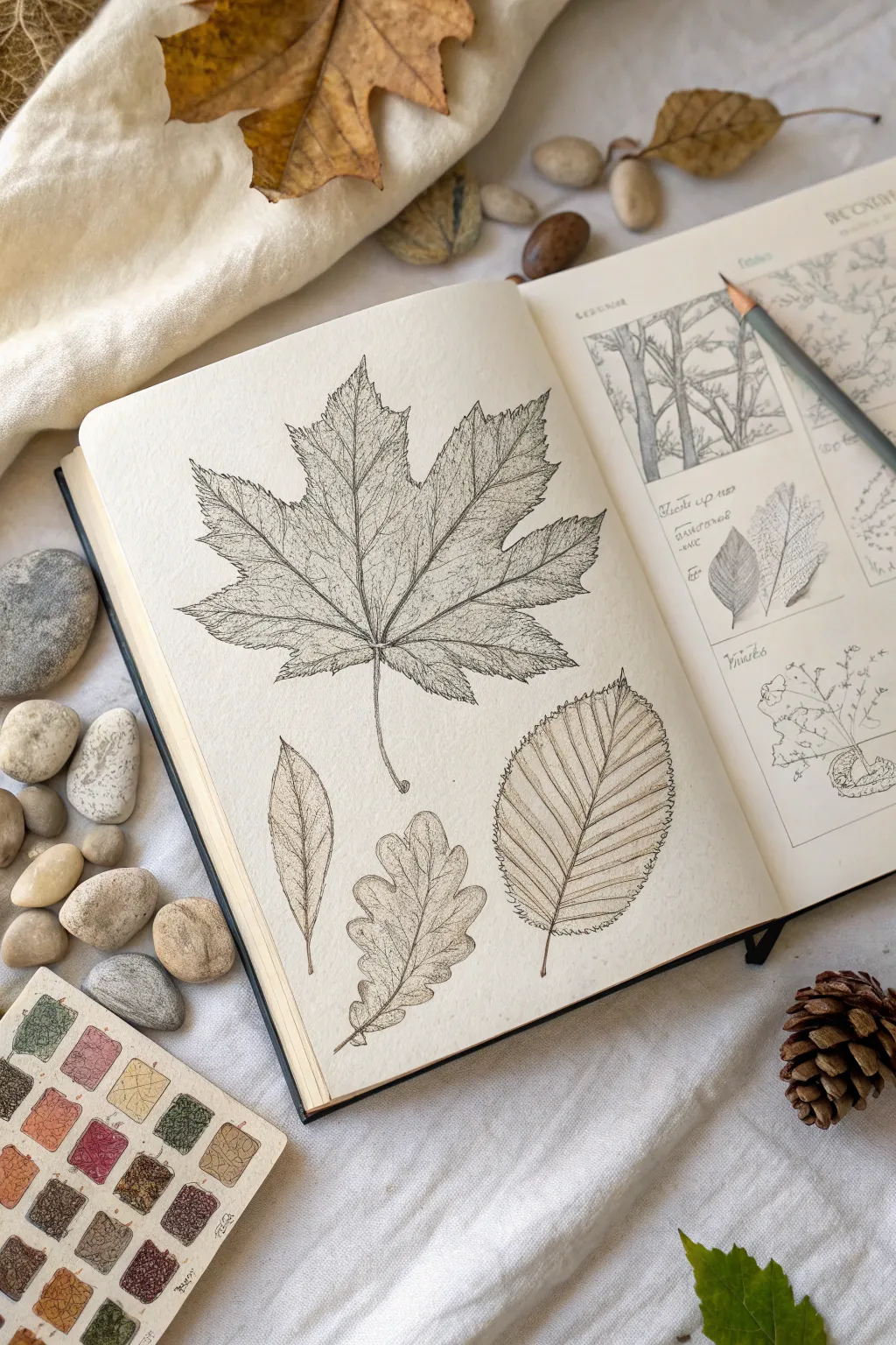 Texture study inspiration: leaf veins, bark grooves, and stone patterns in a calm sketchbook spread