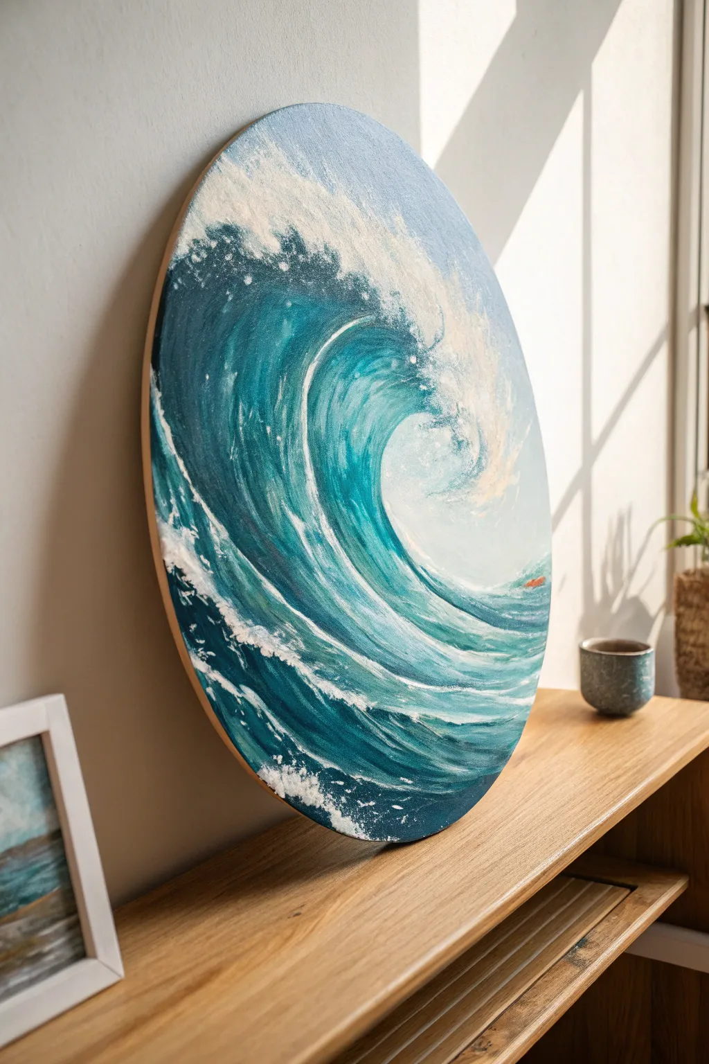 Ocean wave curl in an oval canvas, bold blues and creamy foam for calm, modern contrast.