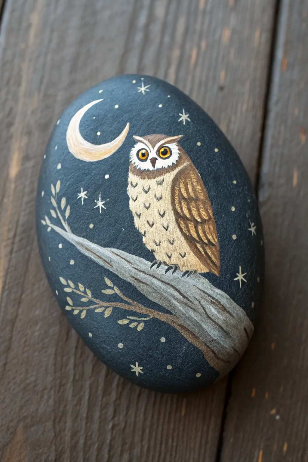 Minimalist night owl rock painting with crescent moon and stars, bold contrast, cozy boho vibe.