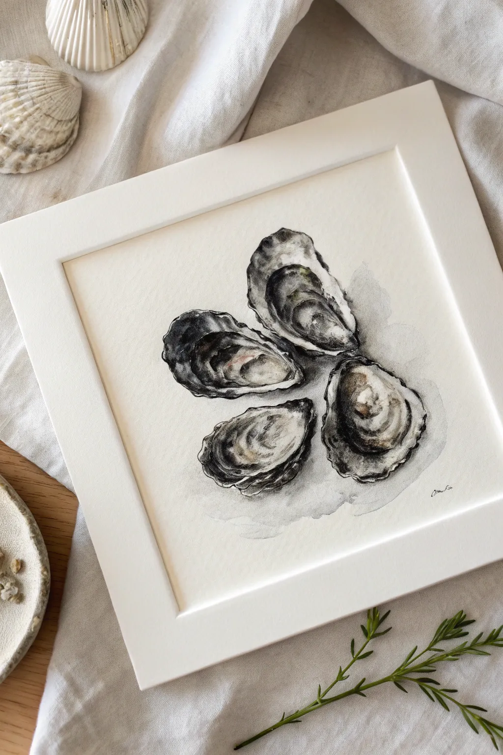 Monochrome ink wash oyster cluster with dramatic contrast and handcrafted texture