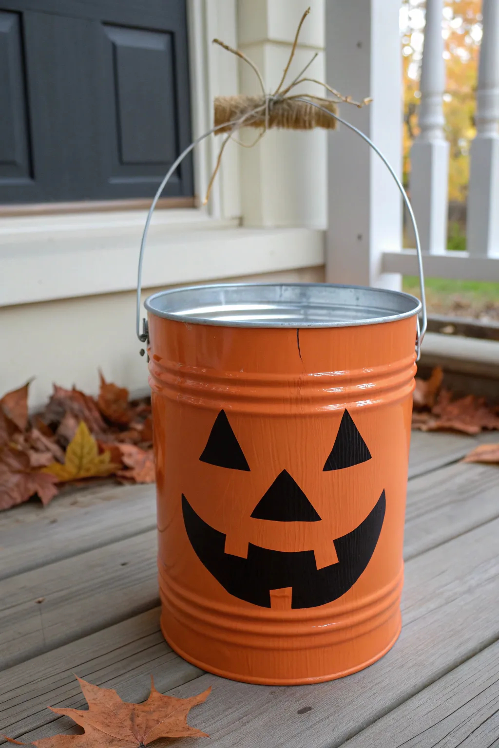 Cozy jack-o-lantern paint bucket decor for a minimalist porch with bold autumn contrast.
