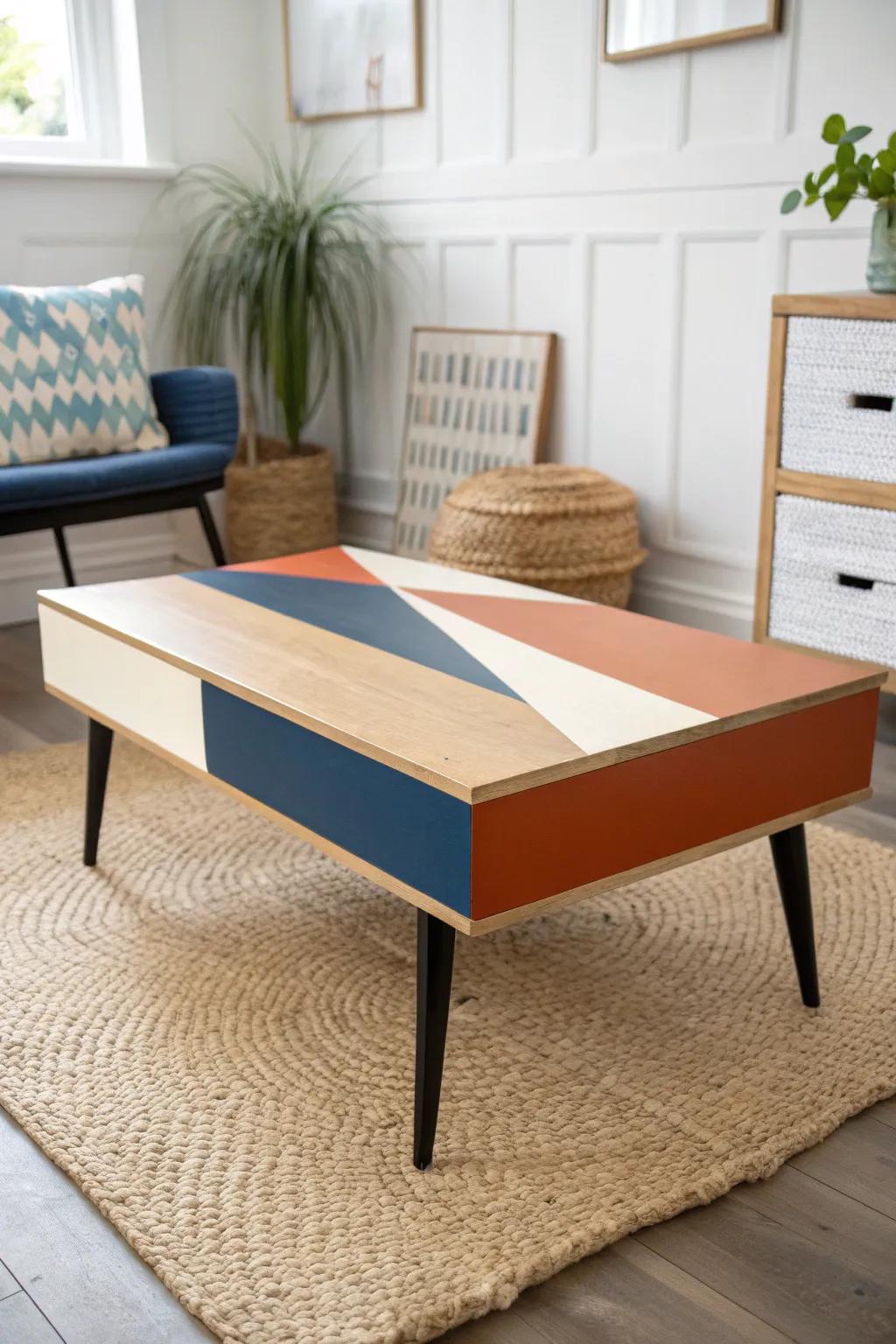 Crisp color blocks turn a simple coffee table into bold, graphic Scandinavian statement decor.