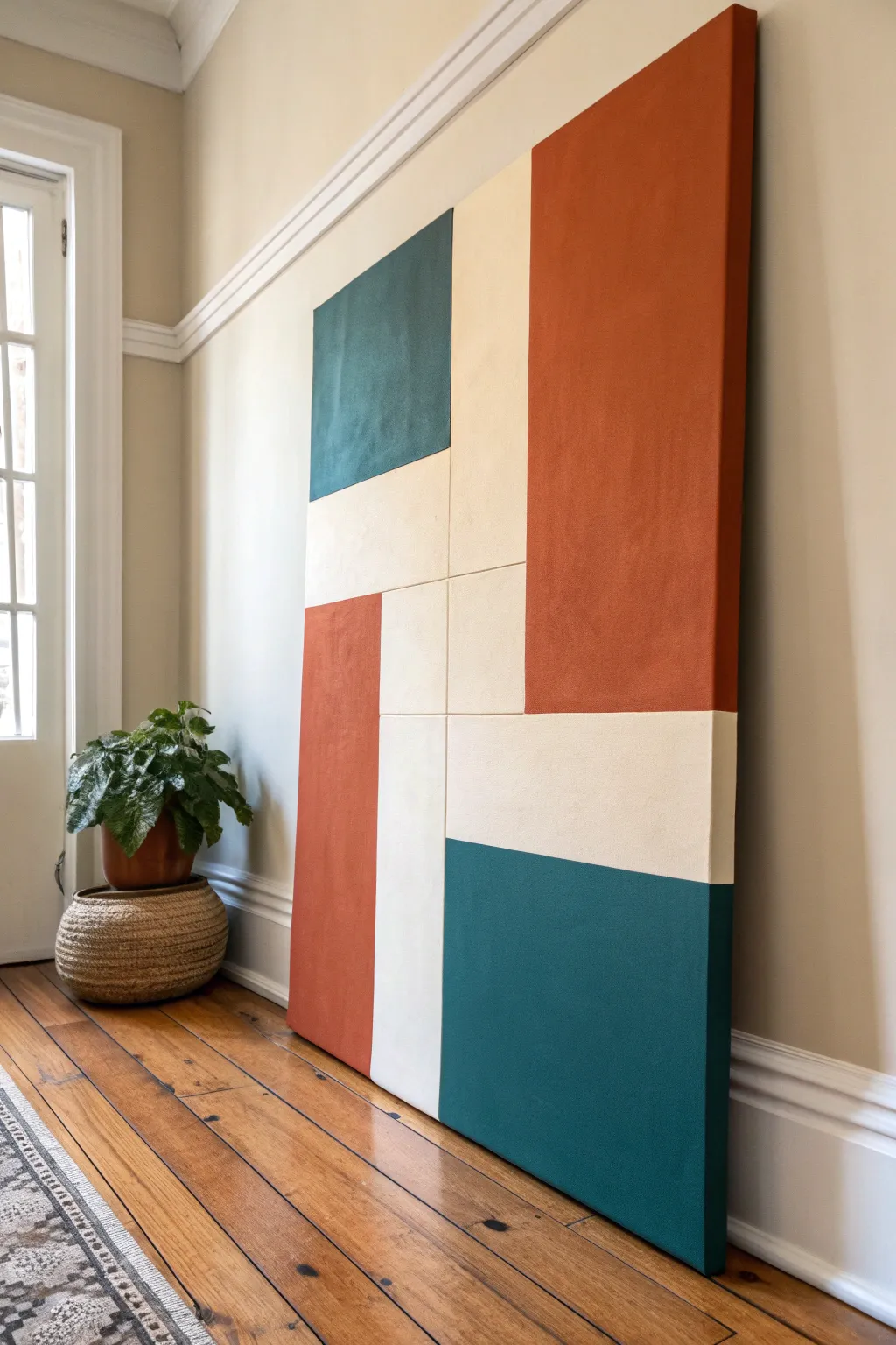 Bold abstract color blocks with crisp edges and airy negative space for a modern canvas look.