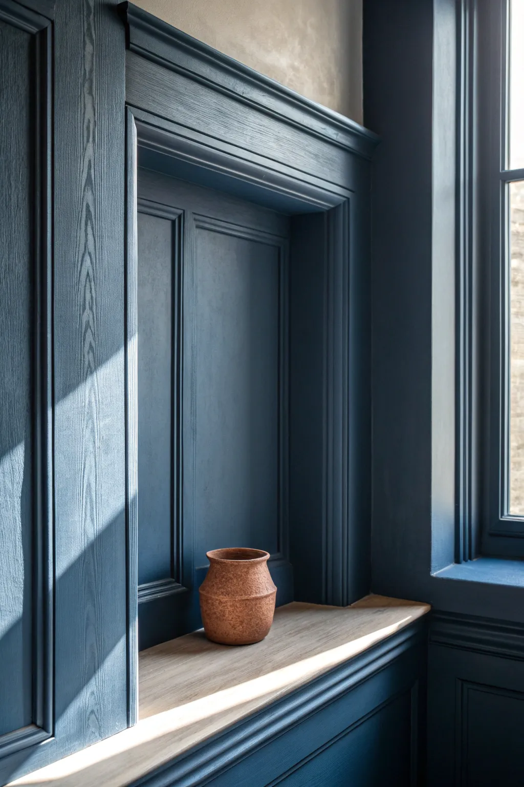 Monochrome paint wrap in deep indigo makes walls and trim feel seamless yet sculptural.