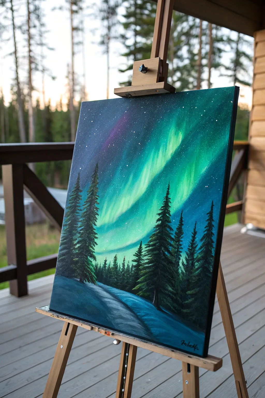 Beginner Northern Lights paint night: glowing aurora bands over a simple dark forest line