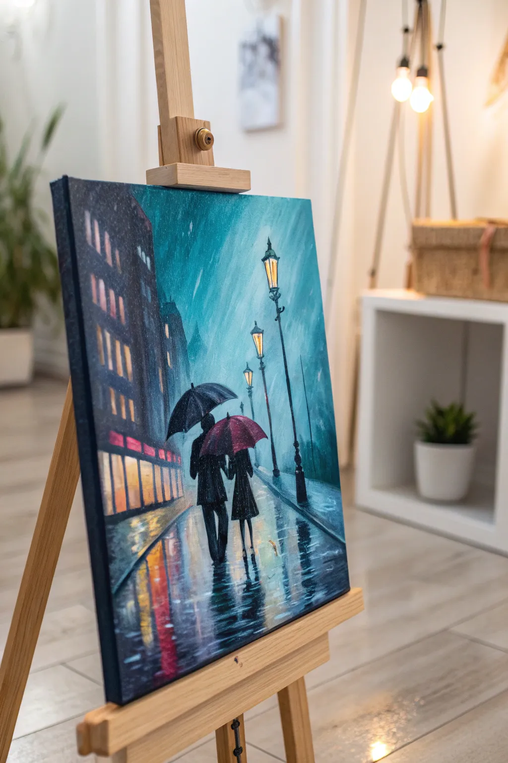 Paint party inspo: bold rainy umbrella street with glowing lights and mirror-like puddles