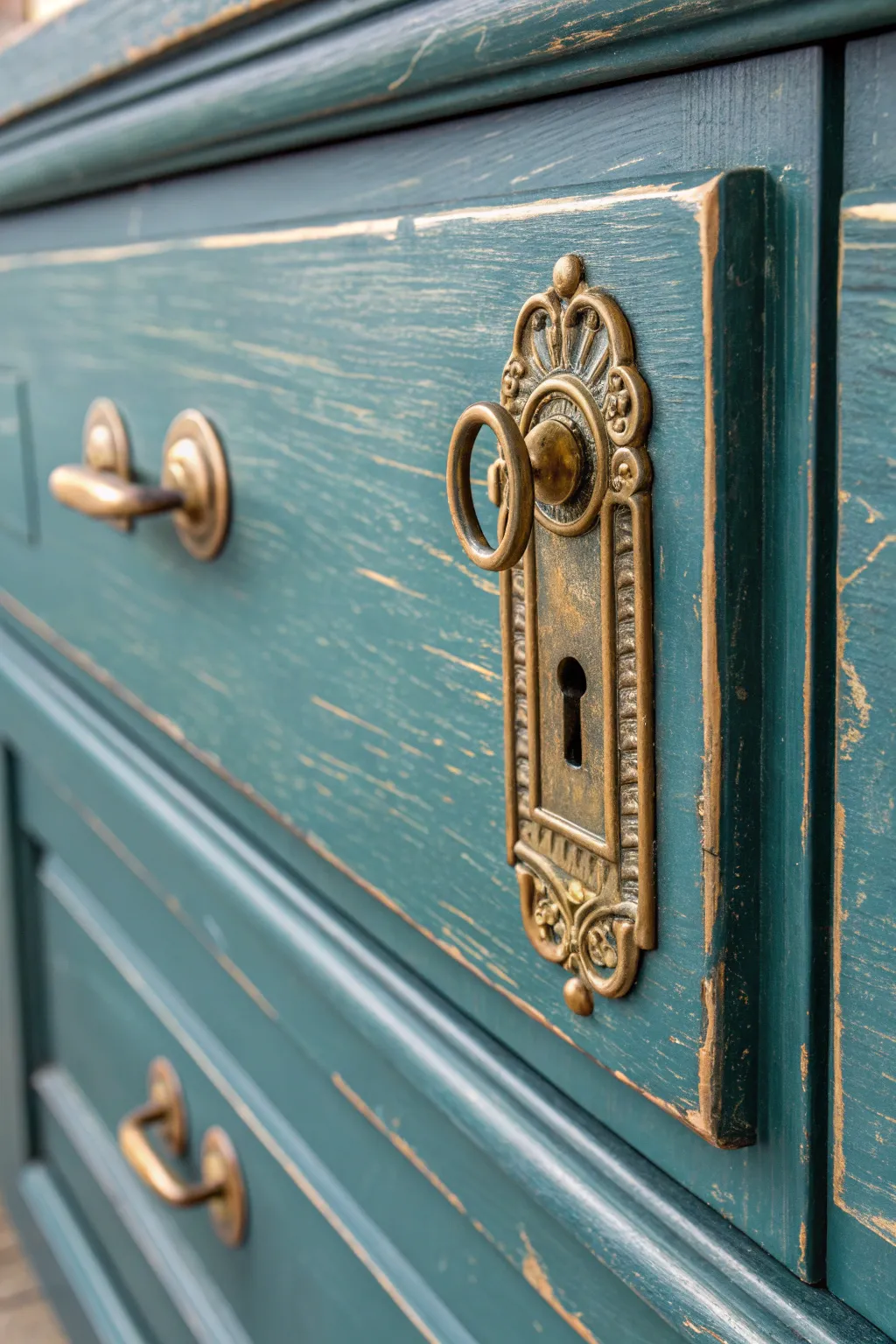 Original brass hardware gleams against fresh paint, showing patina and craftsmanship.