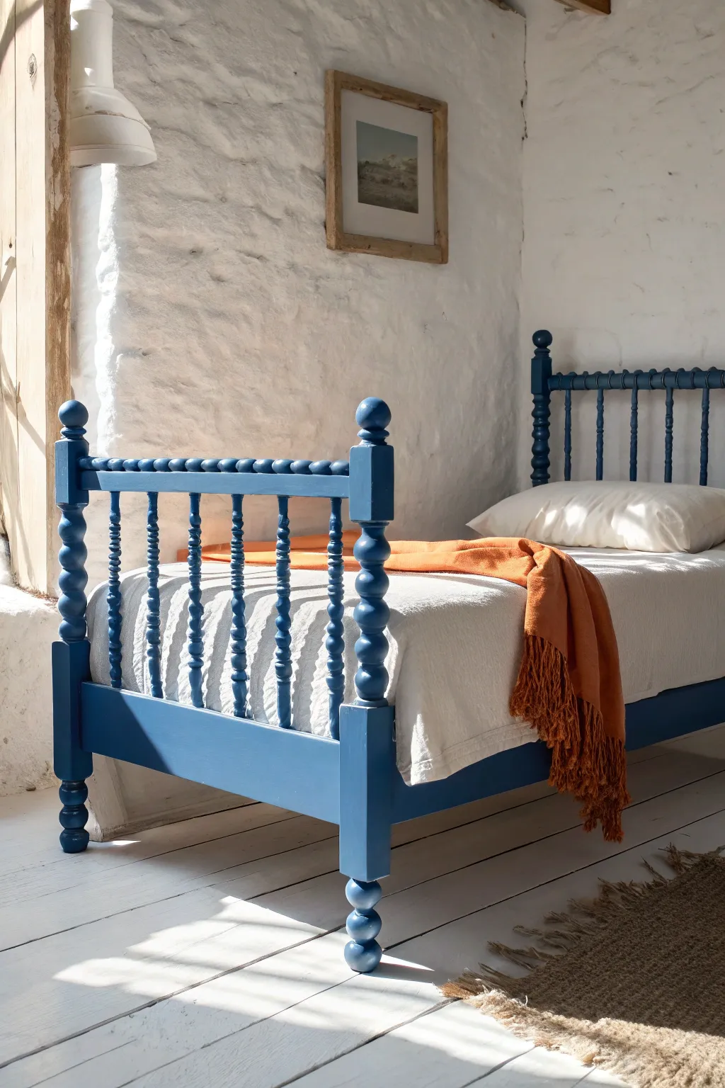 Bold painted spindles bring rhythm and color to a calm Scandinavian bedroom with soft linen.
