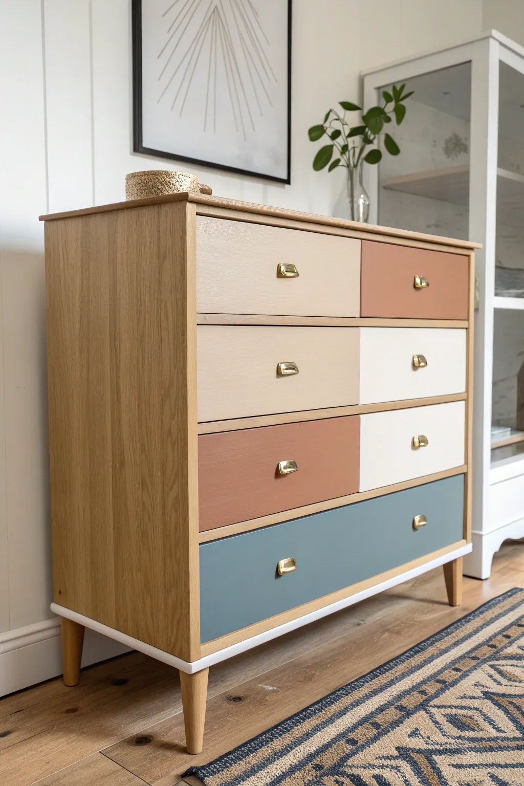 Graphic color-blocked drawers in cream, clay, and muted blue for a modern dresser refresh