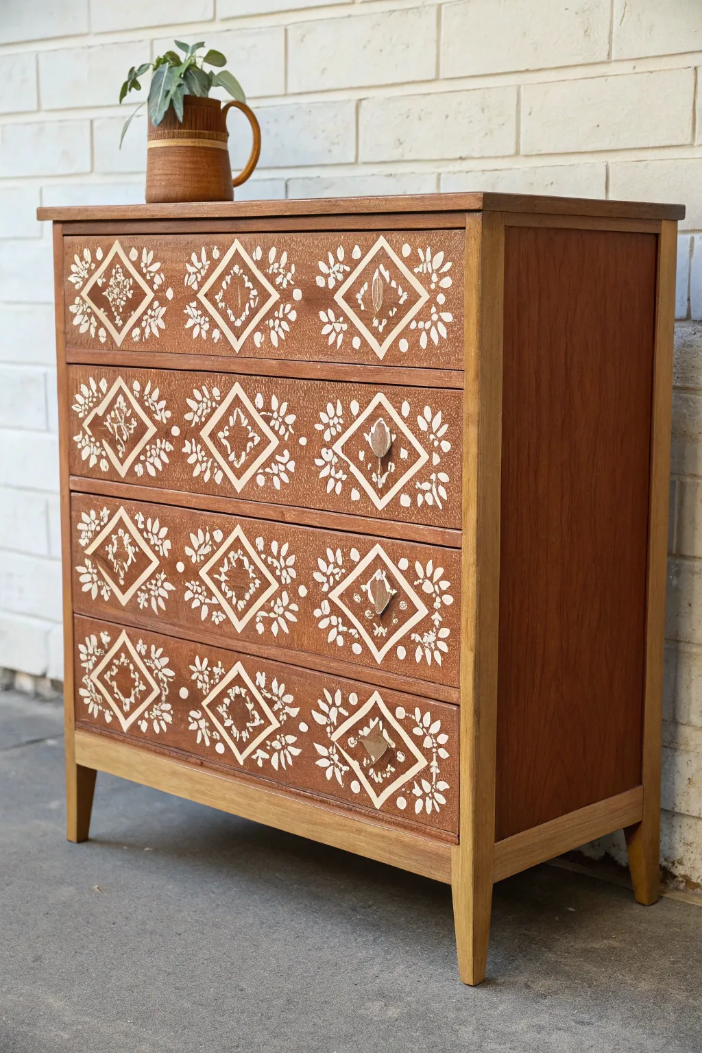 High-contrast stenciled repeat pattern chest, crisp edges and minimalist boho warmth.